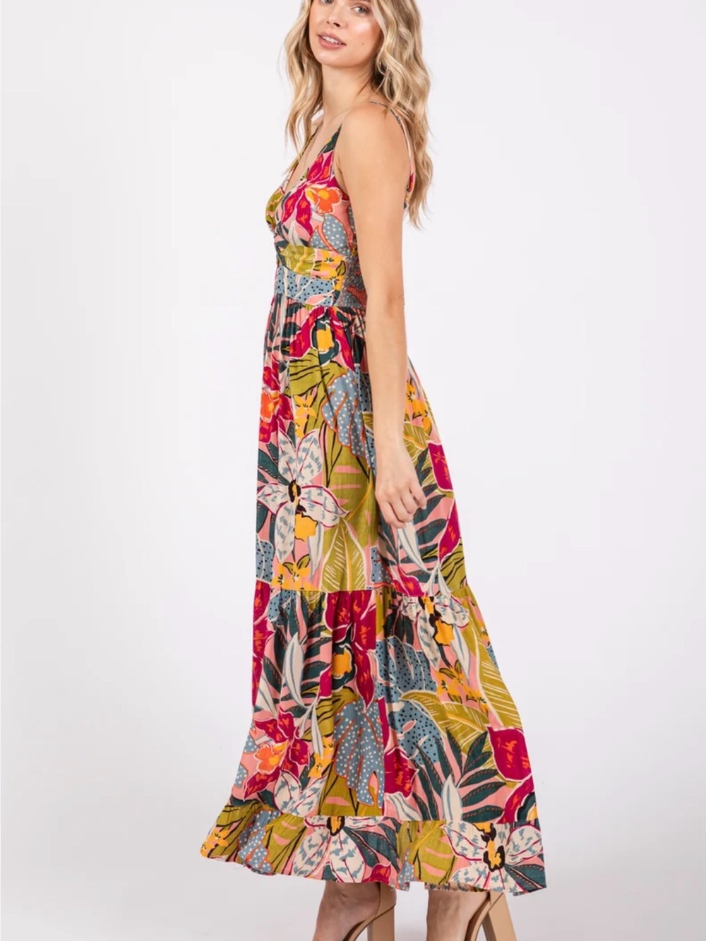Angie Tropical Floral V-Neck Maxi Dress in Pink, Yellow & Green - Picture 4 of 7